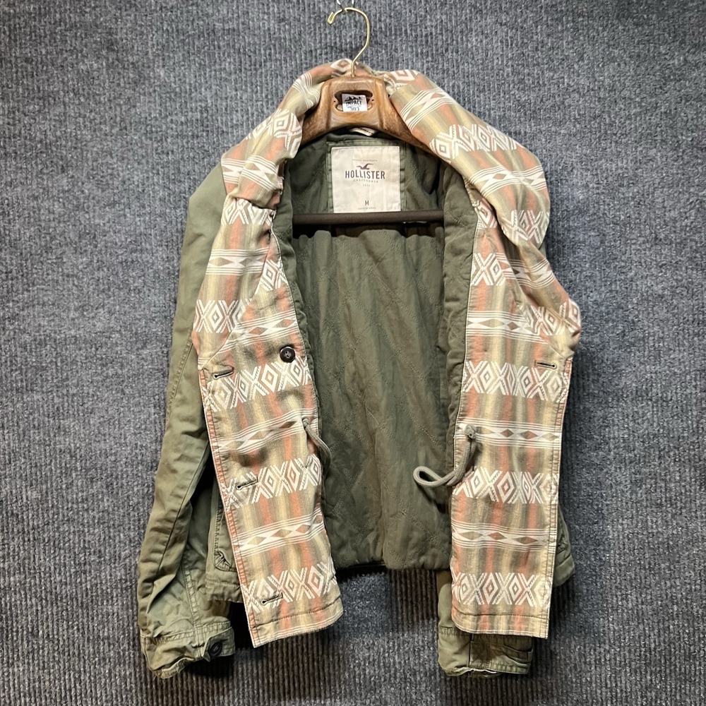 Y2K Hollister Olive Aztec Print Utility Jacket Women's Size Medium Buttons Cinch - Picture 8 of 9